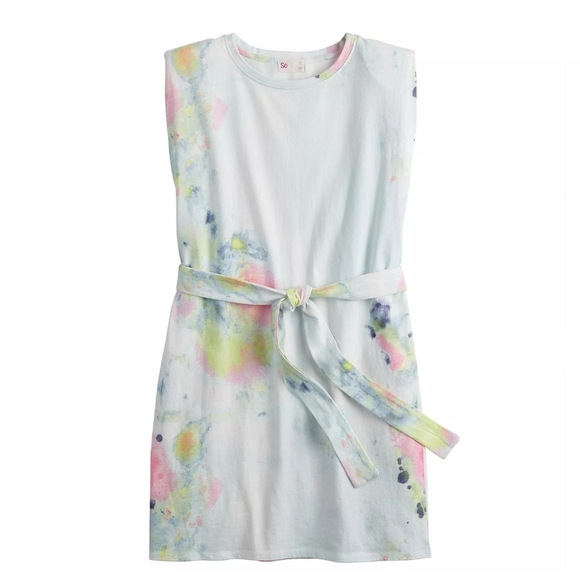 NWT SO Juniors' Shoulder Pad Dress with Self Tie Belt Tie Dye Size Medium 7/9 - Picture 2 of 16